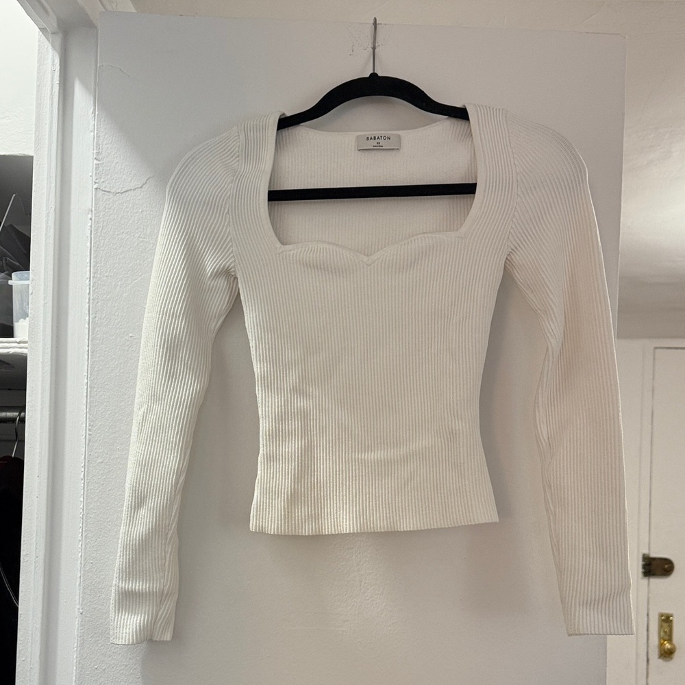 NWOT Aritzia Babaton Cream Ribbed Long Sleeve Blouse Size XS